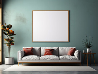 Mock up blank frame on wall. Modern interior background, living room