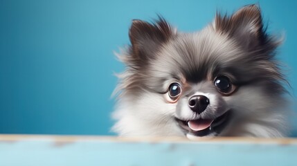 Funny gray kitten and smiling dog with beautiful big eyes on trendy blue background. Lovely fluffy cat and puppy of pomeranian spitz climbs out of hole in colored background. Free space for text