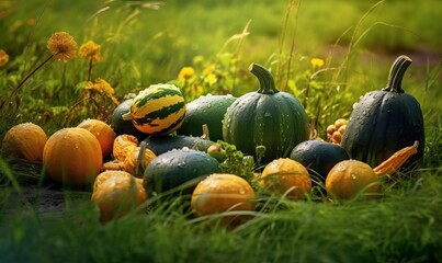 Bountiful Pumpkin Harvest on Green Grass