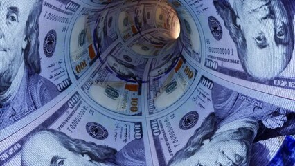 Finance and investment concept. Tunnel of money, dollars towards light. Cash Flow. 3d animation of a seamless loop - Powered by Adobe