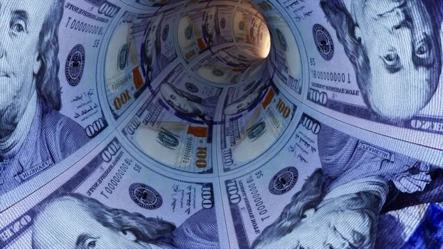 Finance and investment concept. Tunnel of money, dollars towards light. Cash Flow. 3d animation of a seamless loop