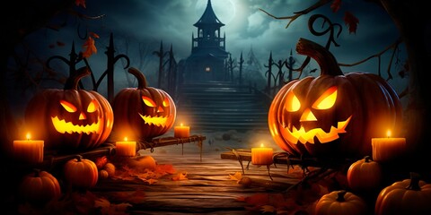 Halloween banner 3D illustration with haunted houses and jack o lanterns