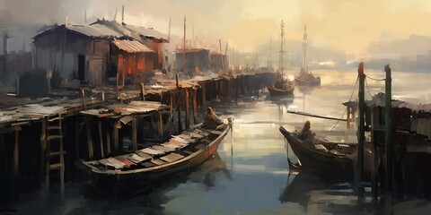 Fototapeta na wymiar Digital painting showing jetty and fishing boats at harbor