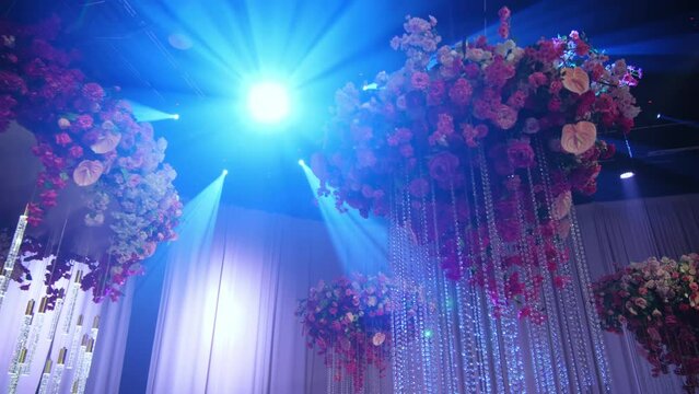 wide footage of Luxury banquet table set up served dinner tableware and silverware. Move camera footage