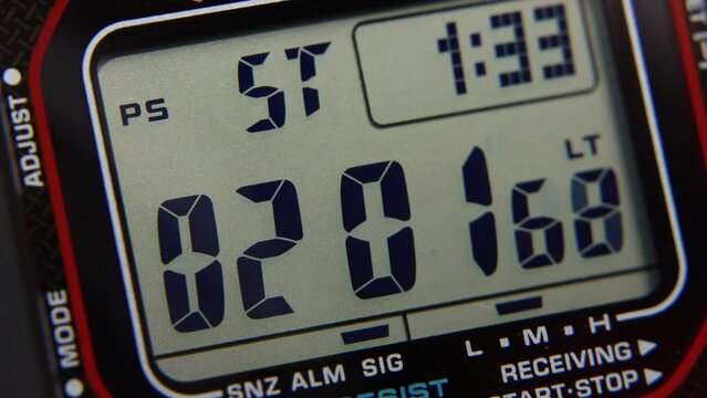 LCD display of a tough sports watch with running timer and stopwatch 