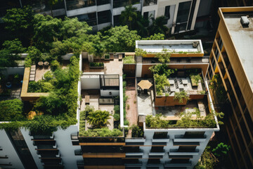 Aerial view of a rooftop garden on top of a building in the city