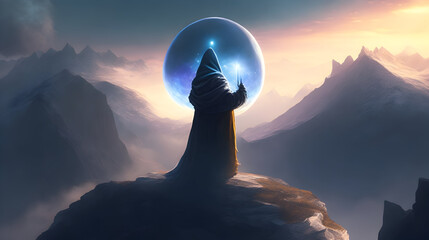 A hooded figure floats above a glowing orb, their hands raised as if in prayer. The orb radiates a mystical energy. Location: a mountain top. Random item: a silver sword. Weather: a clear sky.  - obrazy, fototapety, plakaty