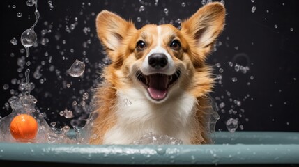 Funny portrait of a welsh corgi pembroke dog showering with shampoo.  Dog taking a bubble bath in grooming salon - obrazy, fototapety, plakaty