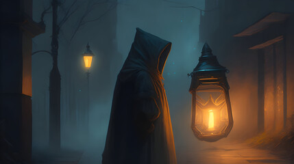 A hooded figure stands beside a glowing lantern, which exudes a mystical energy. The figure seems to be searching for something. Location: a dark alley. Random item: a silver key. Weather: a misty eve - obrazy, fototapety, plakaty