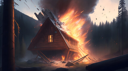 A humble wooden cabin explodes, sending splinters and wood chips flying in every direction. A powerful surge of earth energy shakes the ground beneath