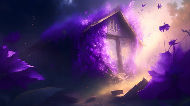 A modest garden shed explodes, sending gardening tools flying in every direction. A mystical purple aura emanates from the shattered fragments, illuminating the flowers nearby.