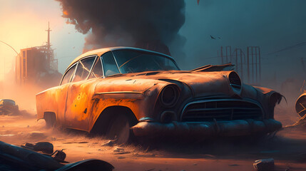 A rusty old car suddenly explodes, sending scraps of metal flying through the air. As the dust settles, a strange mist begins to rise from the wreckage, filling the area with a mystical energy. The lo - obrazy, fototapety, plakaty