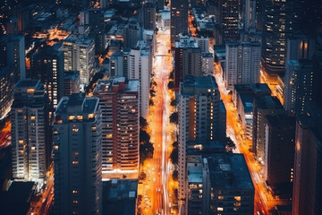 Aerial view of office buildings and traffic in downtown at night