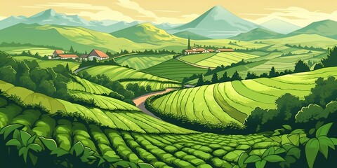 Green tea plantation landscape. Rural farmland fields, Terraced farmer, hills with greenery and mountain on horizon. agriculture background. Simple graphic - obrazy, fototapety, plakaty