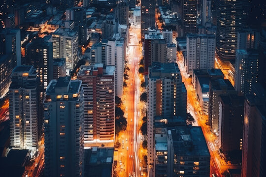 Fototapeta Aerial view of office buildings and traffic in downtown at night