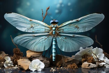 Blue dragonfly with flowers on a dark background. 3d render