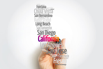 List of cities in California USA state, map silhouette word cloud map concept