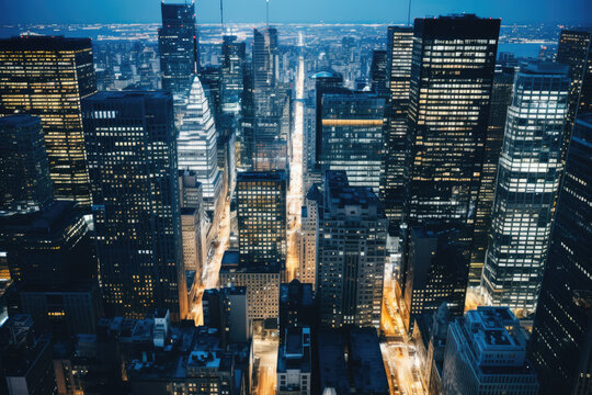 Aerial view of office buildings and traffic in downtown at night