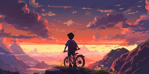 Kid on bicycle on a mountain looking at the evening scenery, digital art style, illustration painting