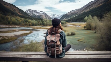 Girl traveler with backpack enjoy mountain nature sitting on wooden bridge. Cheget, Kabardino-Balkaria, Russia