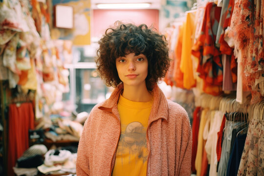 Portrait of a brunette woman in a shop