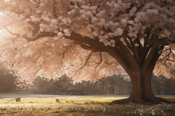 Cherry blossom tree in warm sunlight.