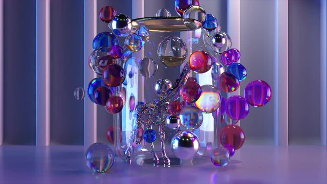 Holiday concept. Diamond giraffe walks inside a transparent jar surrounded by flying colorful balls. Dynamic background.