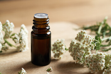 A bottle of essential oil with yarrow flowers