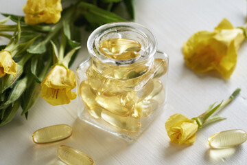 Gel capsules of evening primrose oil in a bottle