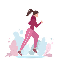 A girl runs against a background of foliage, flat minimalistic illustration, fitness, sports, health application