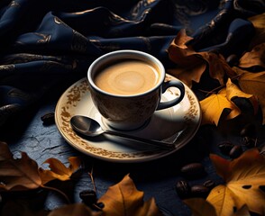 Autumn composition still life. Woman's hands with cup of coffee, cappuccino, latte coffee. autumn leaves, craft envelope and paper with eriitern Hello Autumn phrase on vintage background. Hot drink.