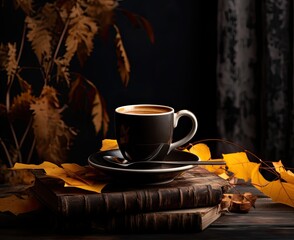 Autumn composition still life. Woman's hands with cup of coffee, cappuccino, latte coffee. autumn leaves, craft envelope and paper with eriitern Hello Autumn phrase on vintage background. Hot drink.