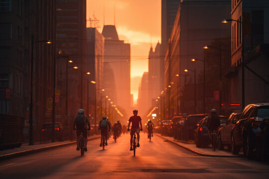 A group people riding a bicycle in the busy city on the evening