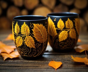 Autumn composition still life. Woman's hands with cup of coffee, cappuccino, latte coffee. autumn leaves, craft envelope and paper with eriitern Hello Autumn phrase on vintage background. Hot drink.