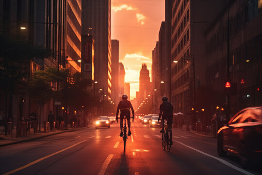 A group of people riding a bicycle in the busy city on the evening