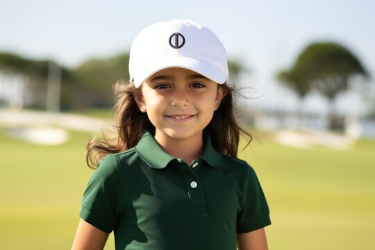 Portrait of a cute little girl on a golf course, smiling