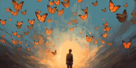 Man releasing glowing balloons and butterflies flock in the sky, illustration painting - obrazy, fototapety, plakaty