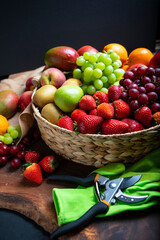 Close-up of Just picked organic fresh fruit assortment in a basket