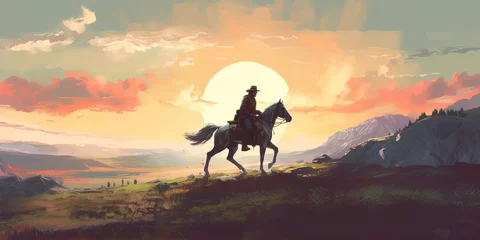 Tuinposter Man riding a horse and running through the hills basking in the morning sun. , digital art style, illustration painting © Coosh448