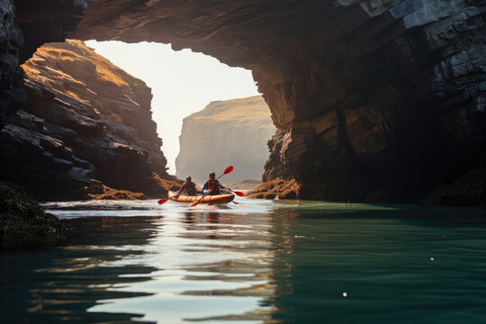 Kayaking and diving between rocks near the coast