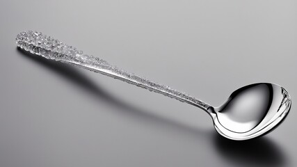 Metal silver spoon with handle covered with transparent crystals, on a gray background