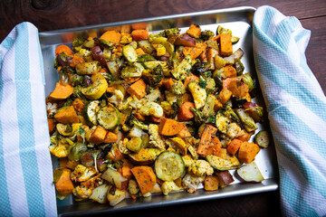 A mixed of Roasted vegetables background on a Baking Sheet