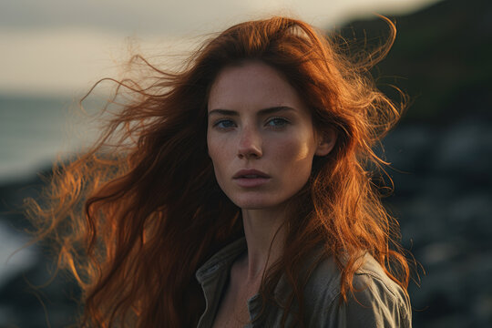 Close-Up of a woman standing at the windy coast during sunset