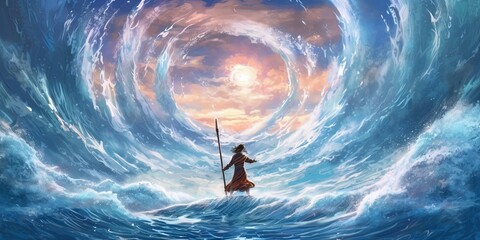 Man with magic spear makes a swirling sea in the sky, digital art style, illustration painting