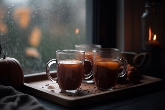 Picture of warming autumn drinks enjoyed during cold, rainy weather, embracing the hygge concept.