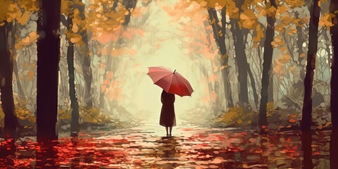 Mysterious woman with umbrella standing in forest, digital art style, illustration painting