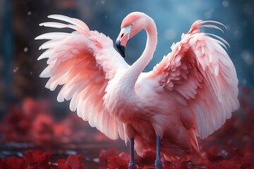 Pink flamingo in the misty forest. 3D illustration.  Wildlife scene from nature.