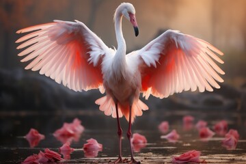 Pink flamingo in the misty forest. 3D illustration.  Wildlife scene from nature.