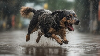 Shaggy dog with open mouth running through puddles on asphalt in the rain, depth of field