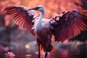 Fototapeta premium Pink flamingo in the misty forest. 3D illustration. Wildlife scene from nature.